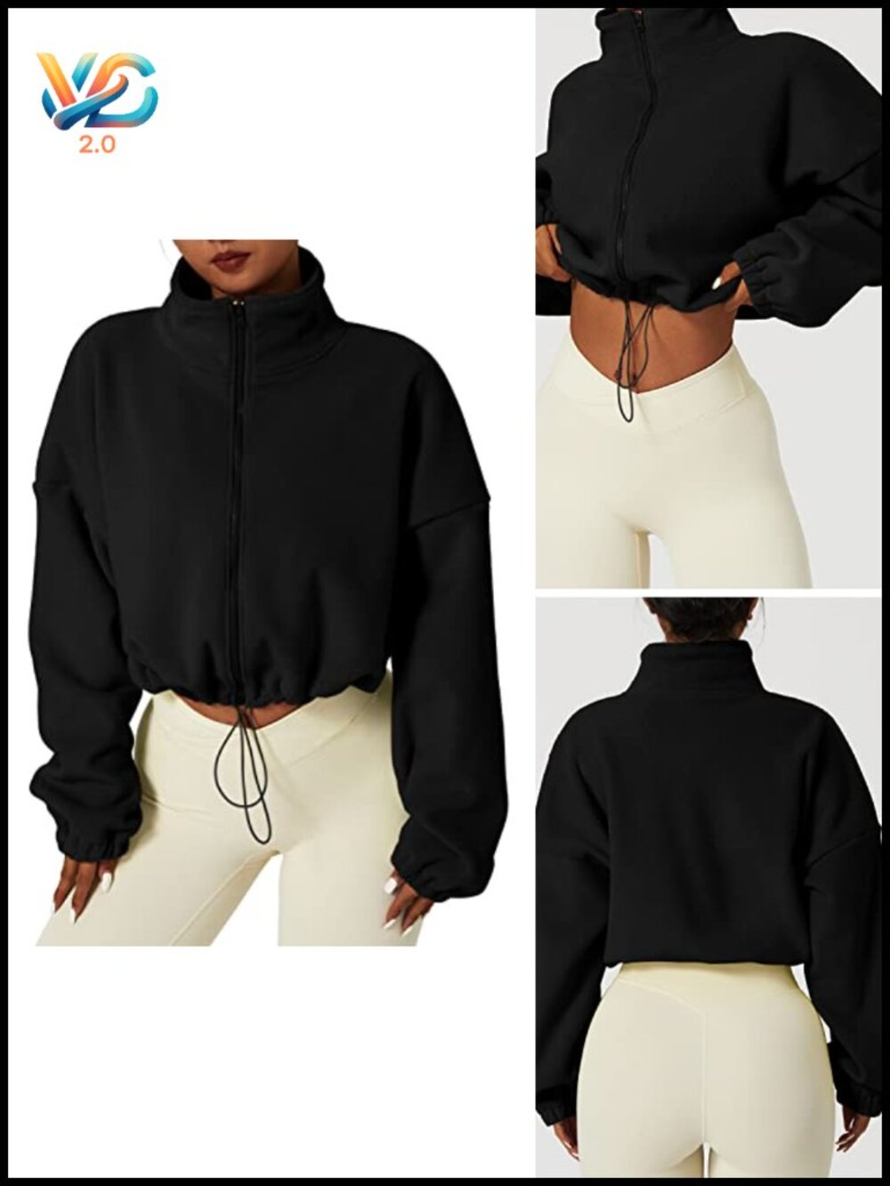 Women's Full Zip Fleece Short Jacket Warm Winter Long Sleeve Stand Collar Crop